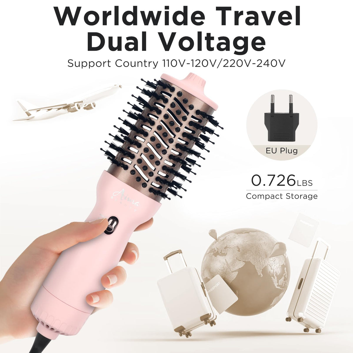 Aima Beauty dual-voltage travel hair dryer brush suitable for worldwide use.
