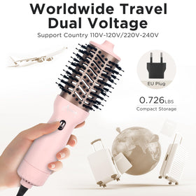 Aima Beauty dual-voltage travel hair dryer brush suitable for worldwide use.