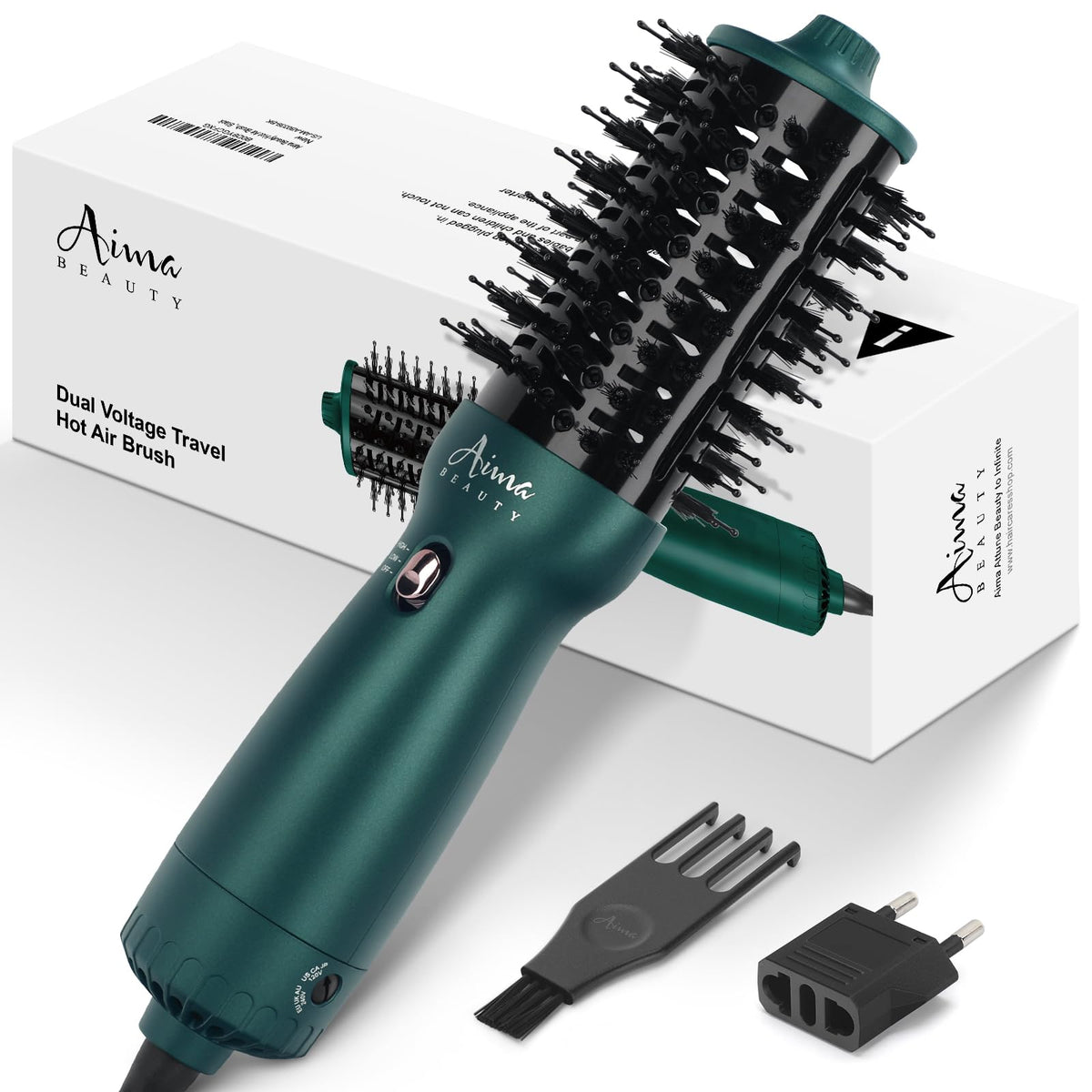 Aima Beauty dual voltage travel hair dryer brush for versatile styling on the go