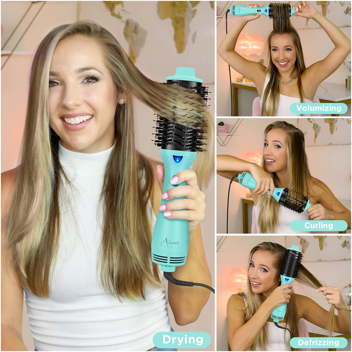 Aima Beauty negative ionic technology reduces frizz and boosts shine during styling.
