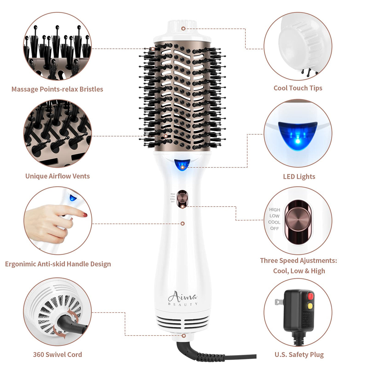Aima Beauty One Step in use delivering volumized, frizz-controlled hair