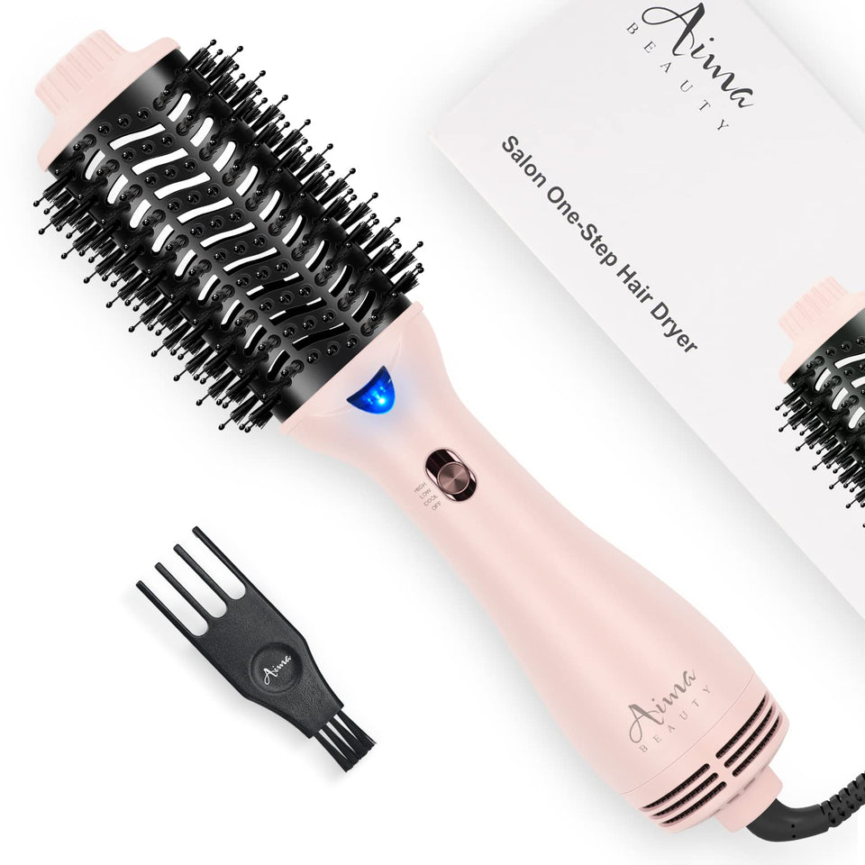 Aima Beauty One-Step Hair Dryer and Volumizer in pink for fast, voluminous styling.