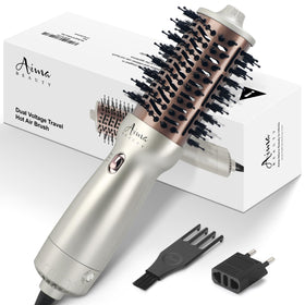 Aima Beauty travel hot air brush with dual voltage for worldwide styling.