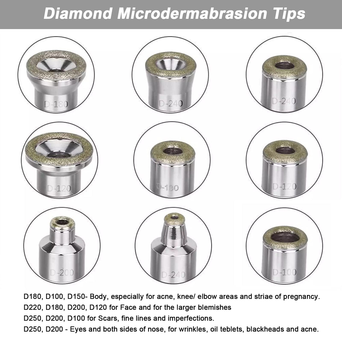 AIMENGXI replacement diamond tips set for various skin areas.