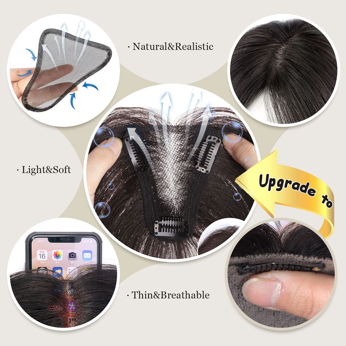 Aimeolyn topper worn on head for instant fullness and confidence.