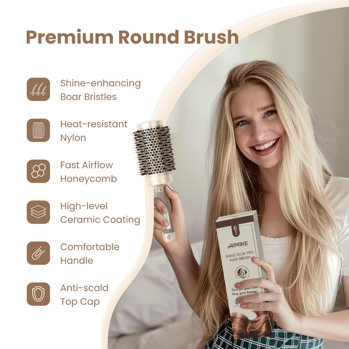 AIMIKE nano-ceramic ionic round brush for shine and frizz control