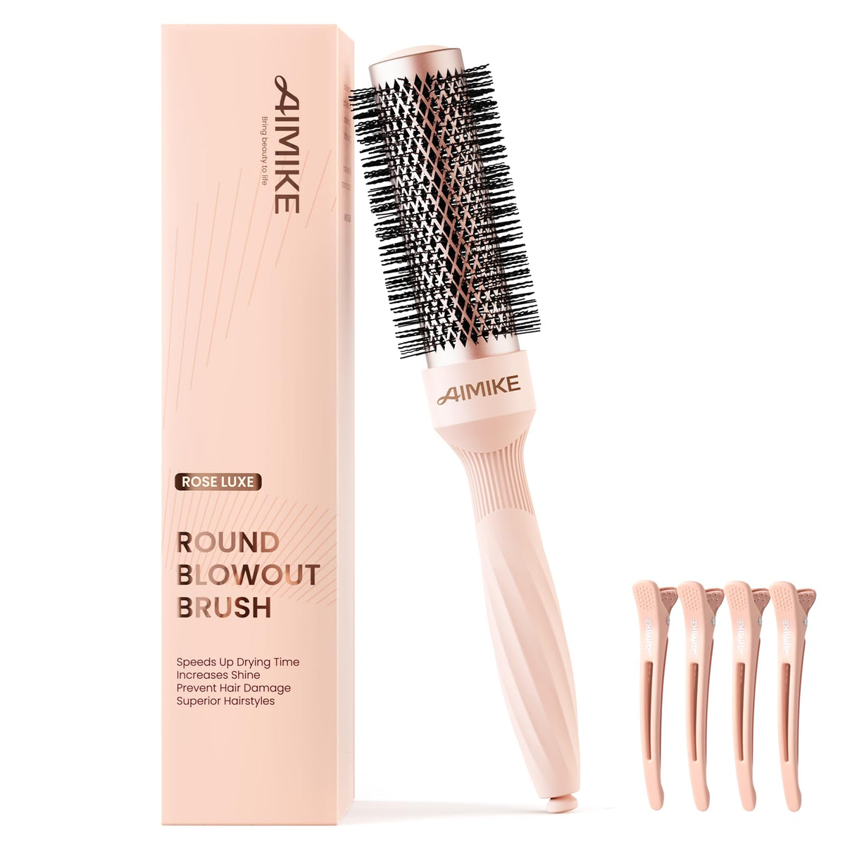 Aimike Rose Luxe Round Brush with vented barrel for faster blowouts.