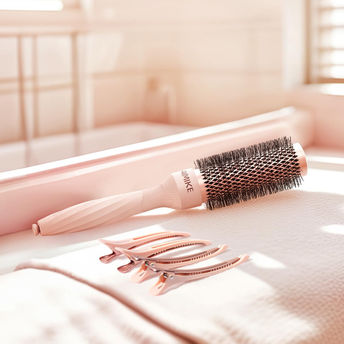 Aimike Rose Luxe Round Brush compact design for quick touch-ups at home.