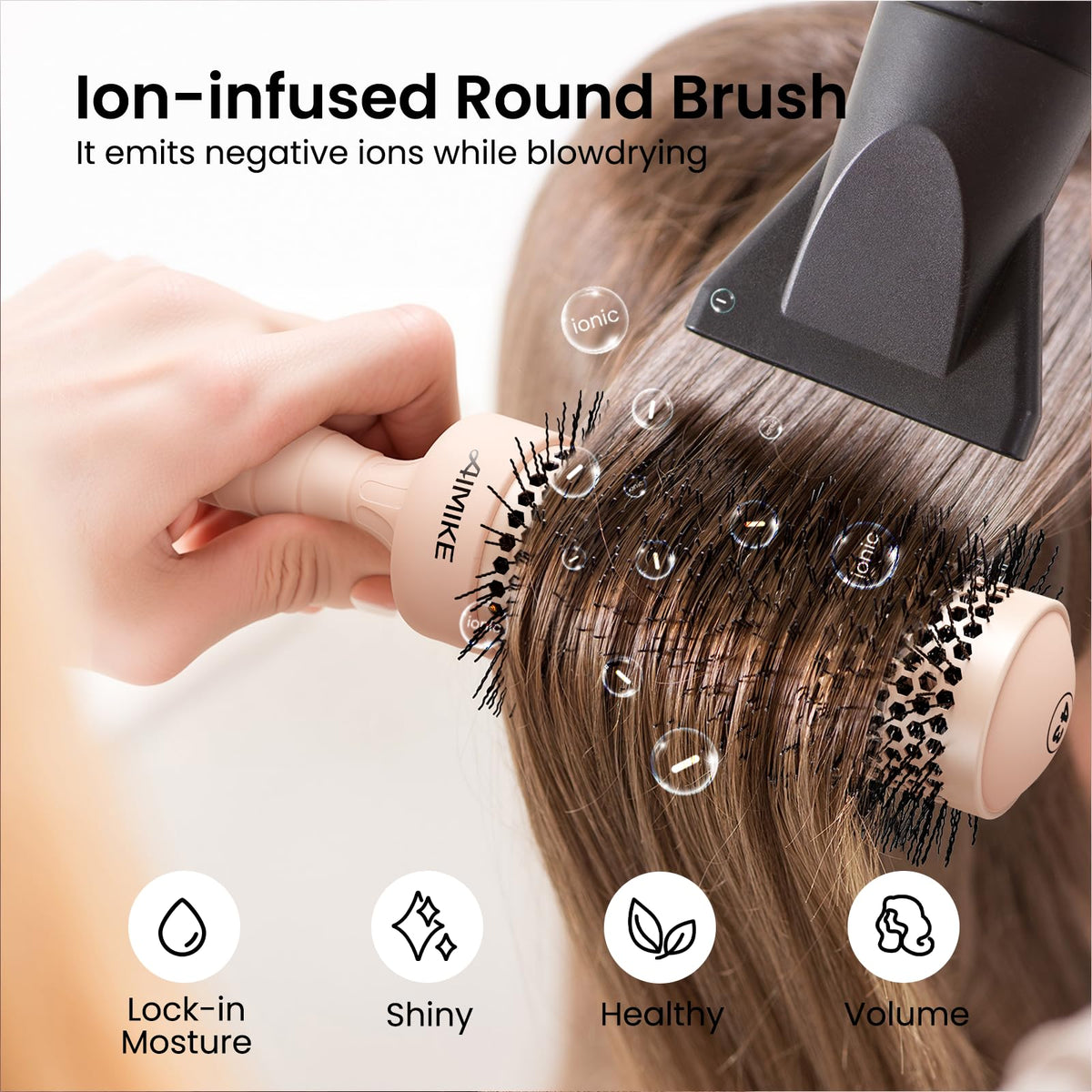 AIMIKE ergonomic one-piece handle round brush reduces wrist fatigue during styling
