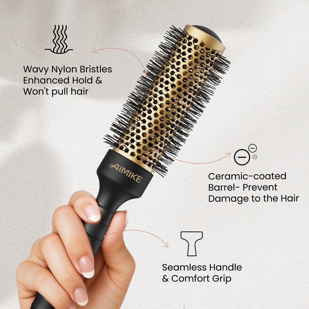 AIMIKE Round Brush ergonomic one-piece handle for comfortable styling