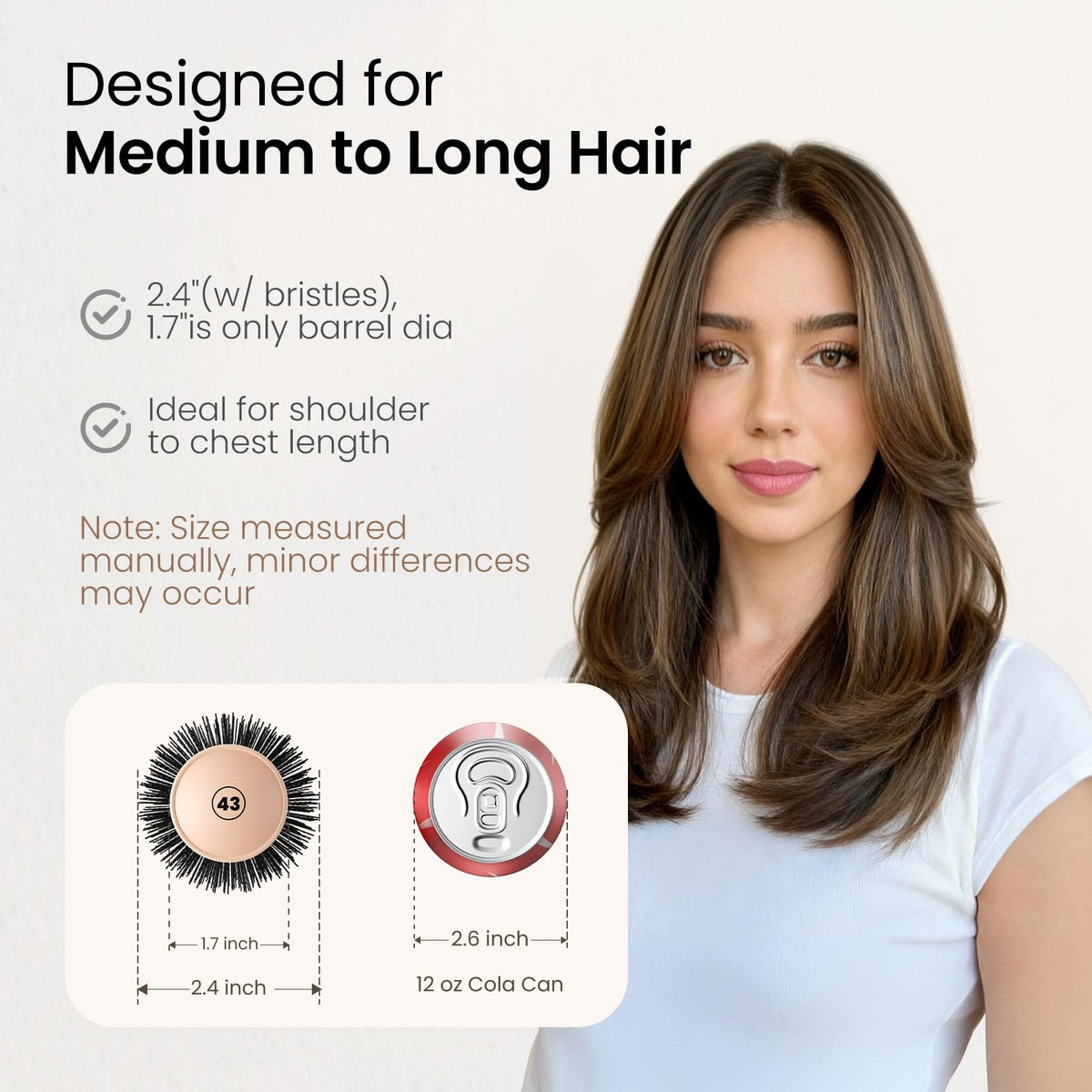 AIMIKE round brush with extended 1-7 inch barrel speeds drying on long hair.