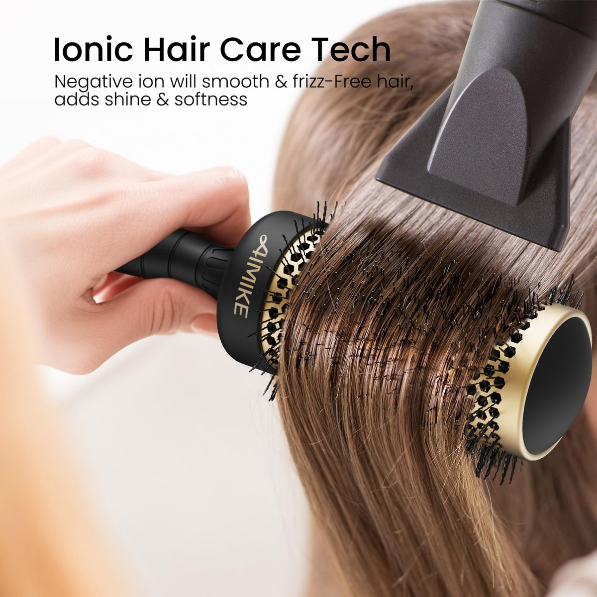 AIMIKE brush featuring negative ion tech for smoother hair and less frizz