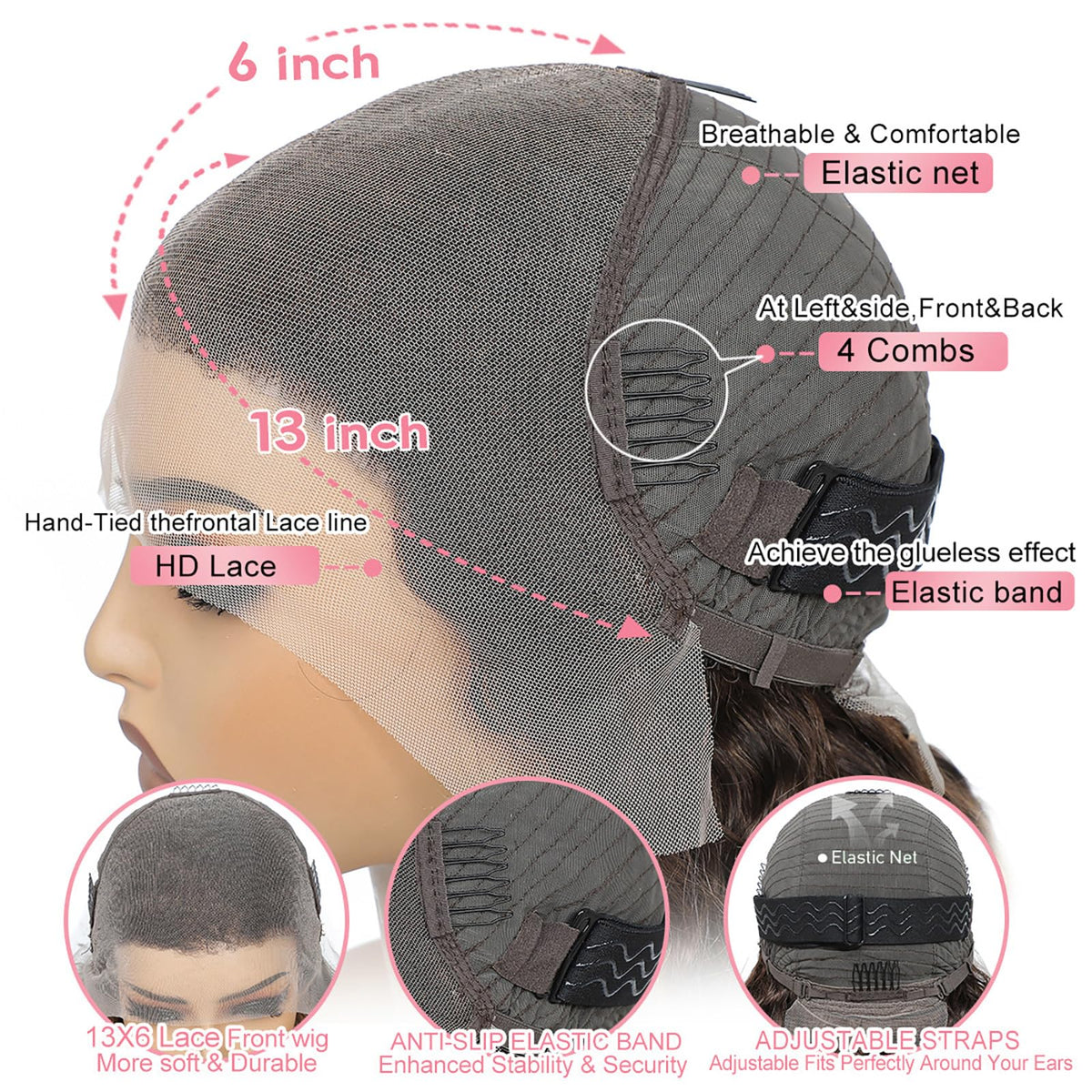 Aimking glueless wig with adjustable band and four combs ensures secure, comfortable fit.