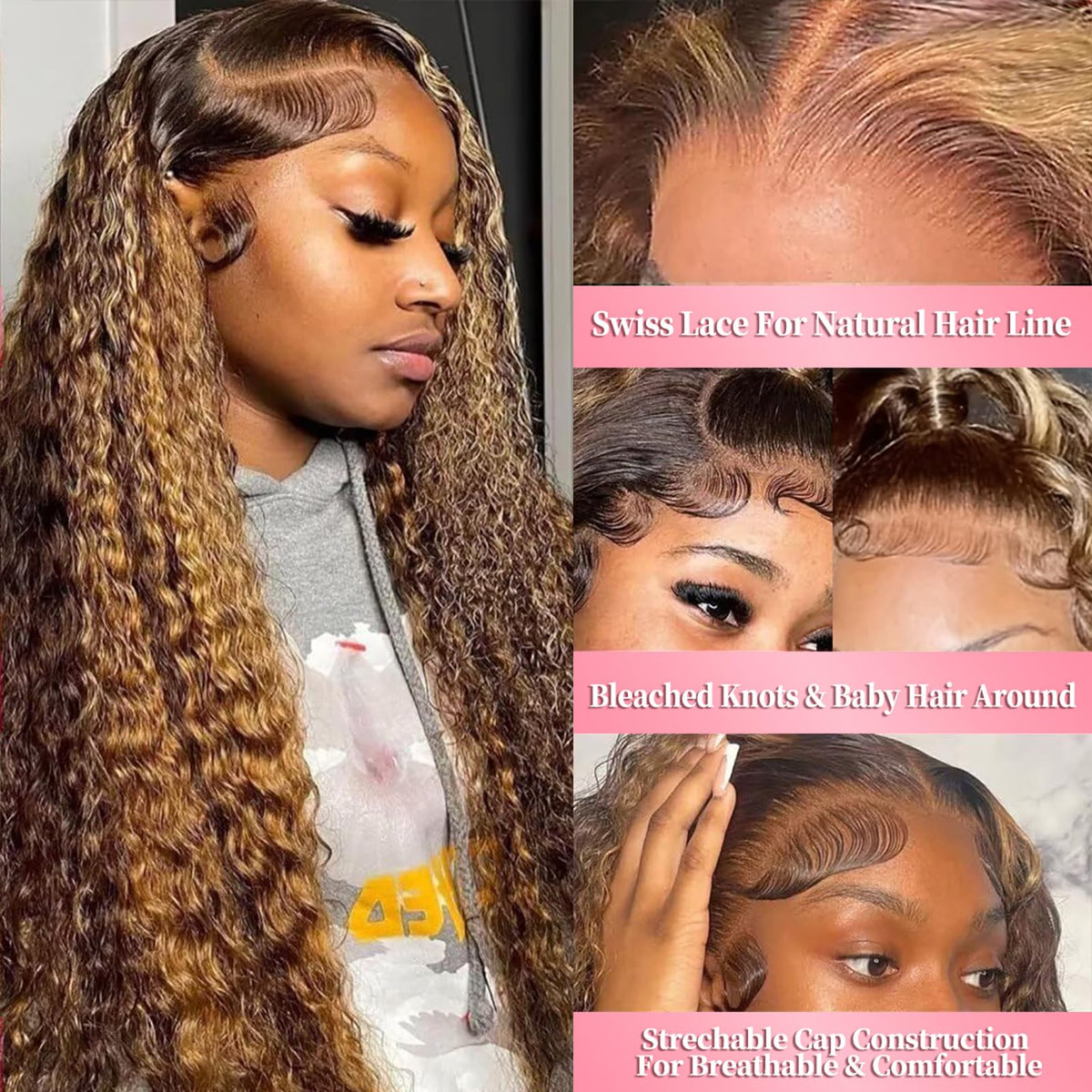 Aimking honey blonde 4/27 wig with baby hair provides natural hairline options.
