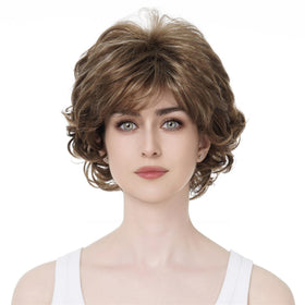Aimole short curly wig back view reveals fullness and soft movement.