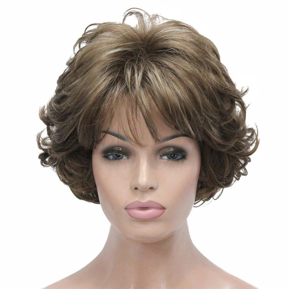 Aimole short curly wig front view shows natural capless fit and volume.