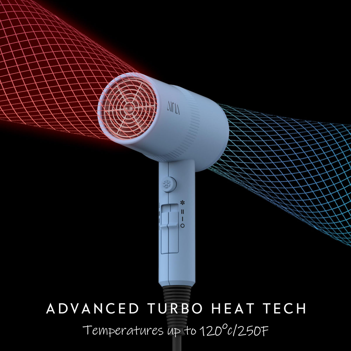 AINA hair dryer with tourmaline technology reduces frizz and static for shiny hair.
