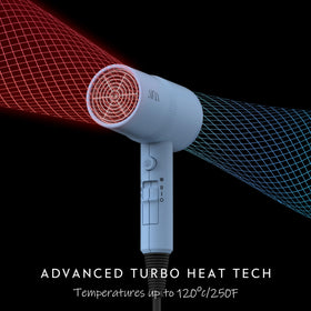 AINA hair dryer with tourmaline technology reduces frizz and static for shiny hair.