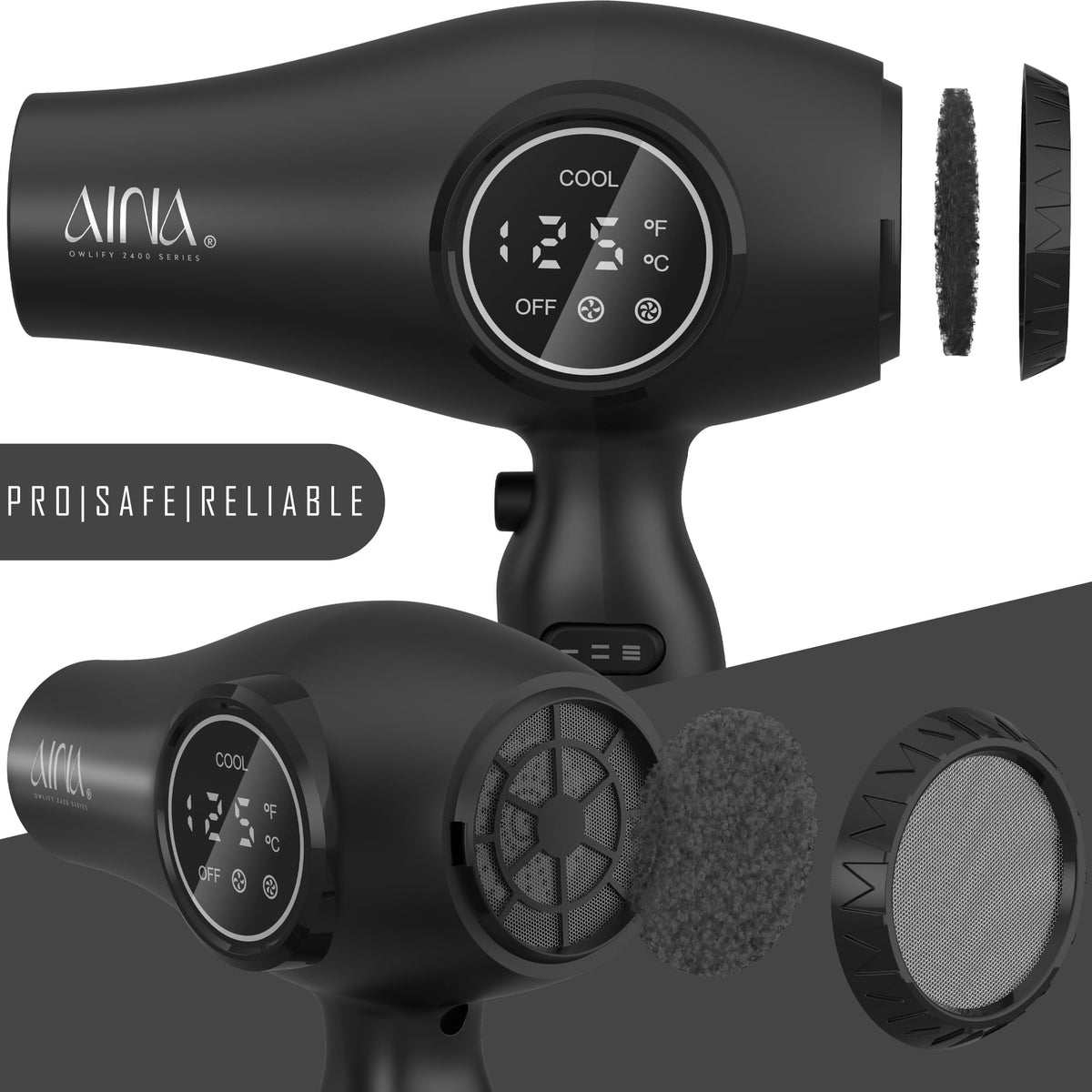 AINA Pro Hair Dryer control panel image underscores intuitive ergonomics for easy use.