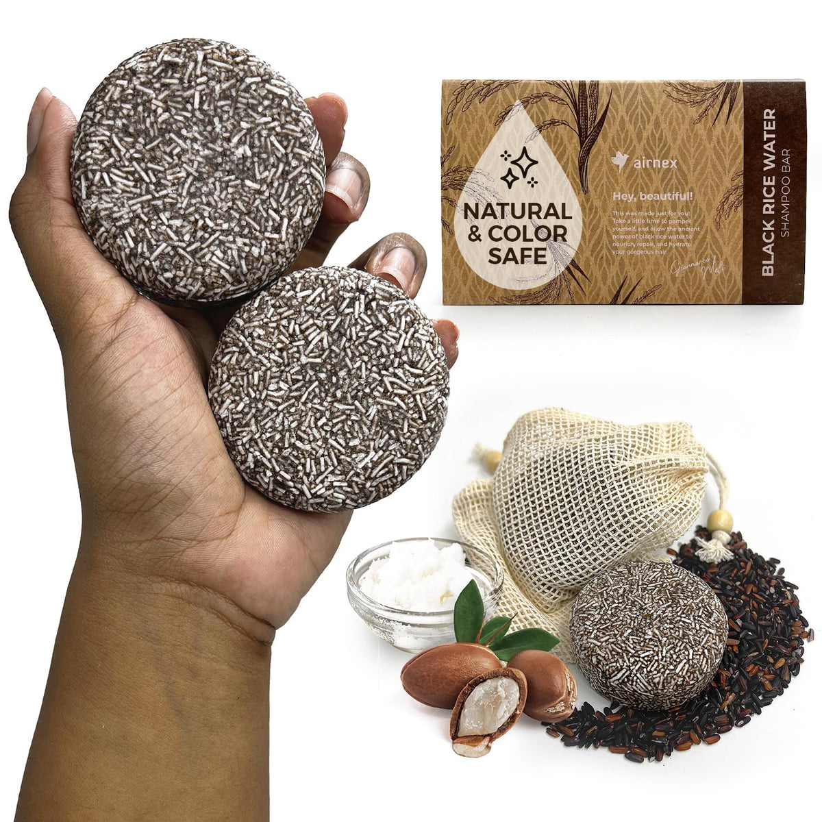 AirNex Black Rice Water Shampoo Bar set with two bars and cotton bags for travel-friendly care.
