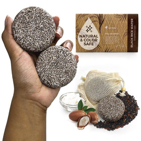 AirNex Black Rice Water Shampoo Bar set with two bars and cotton bags for travel-friendly care.