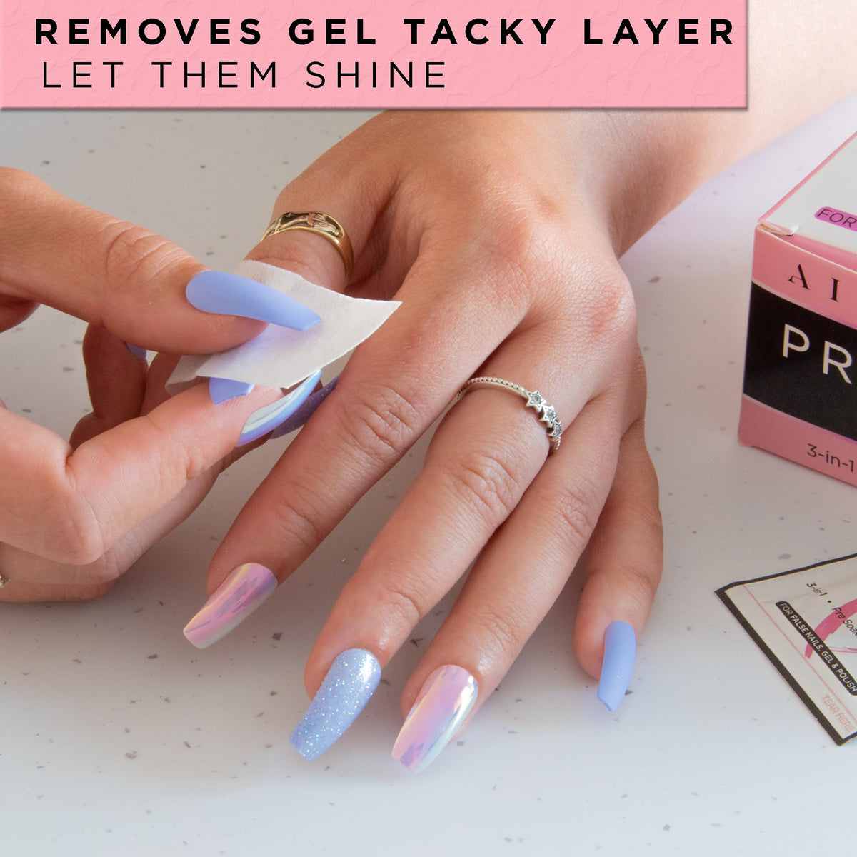 AIRRE NAILS lint-free nonwoven wipes prevent fibers during prep.