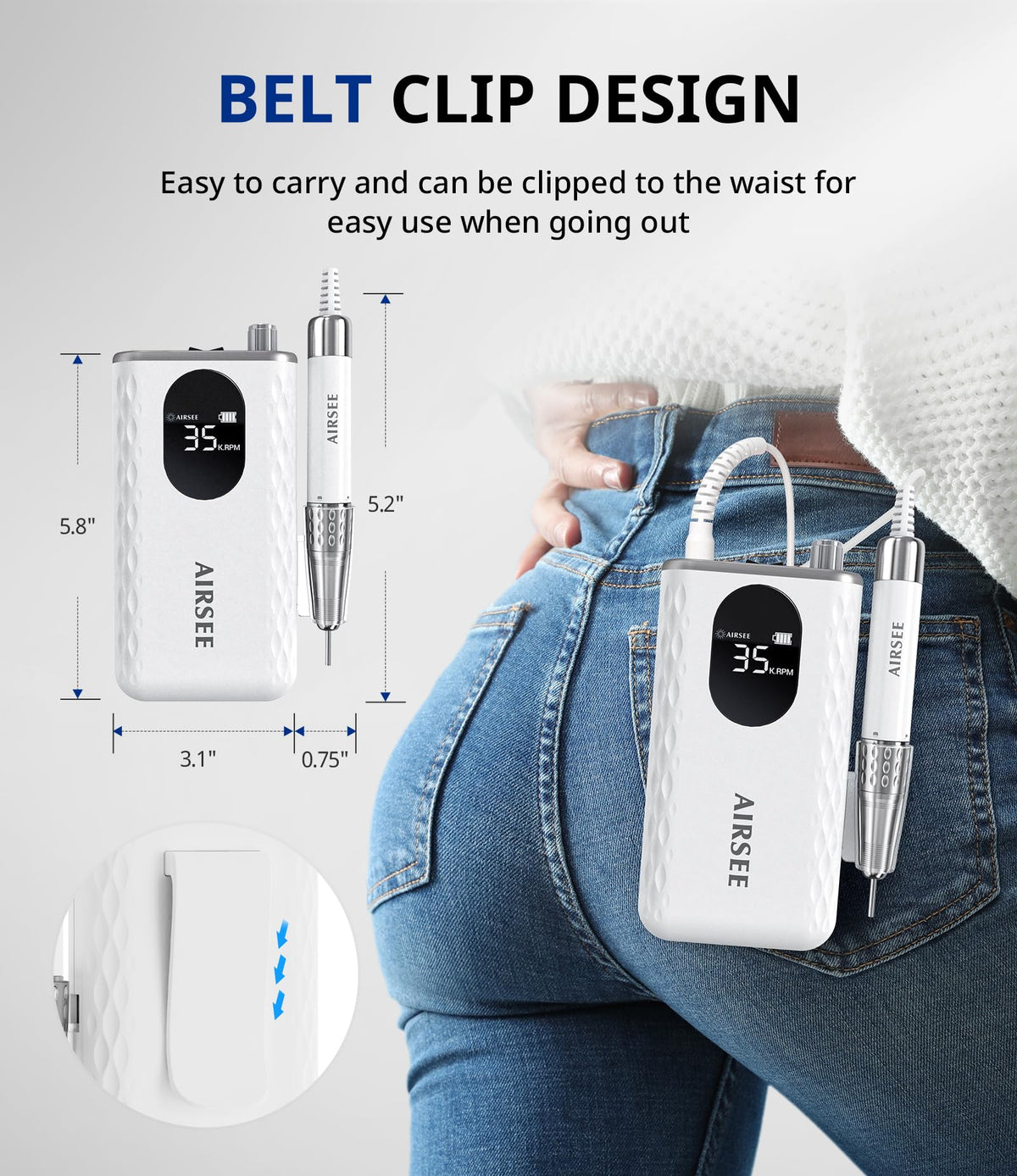 AirSee nail drill ergonomic anti-slip handle reduces user fatigue.