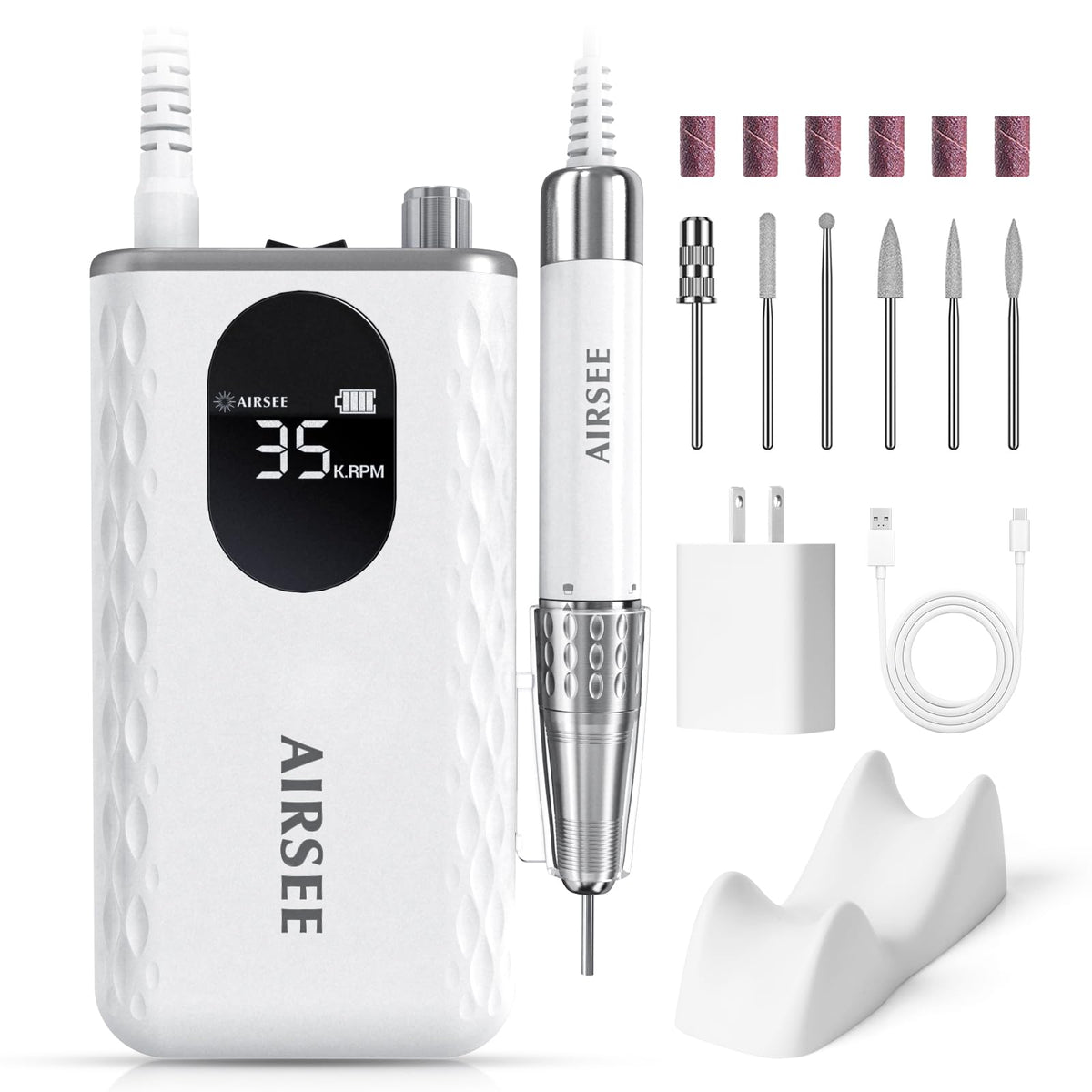 AirSee nail drill front view highlighting cordless convenience for rapid sessions.