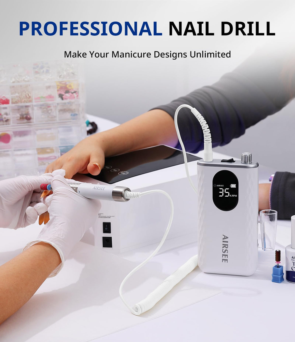 AirSee nail drill kit with 56 sanding bands and 7 bits ready.