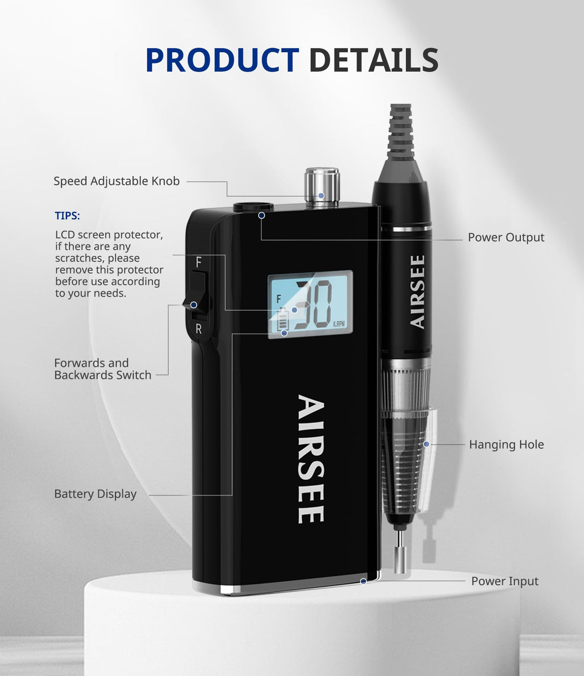 AirSEE nail drill LCD display shows speed and battery for precise control