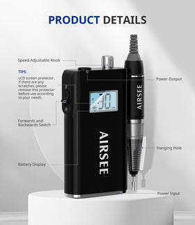 AirSEE nail drill LCD display shows speed and battery for precise control