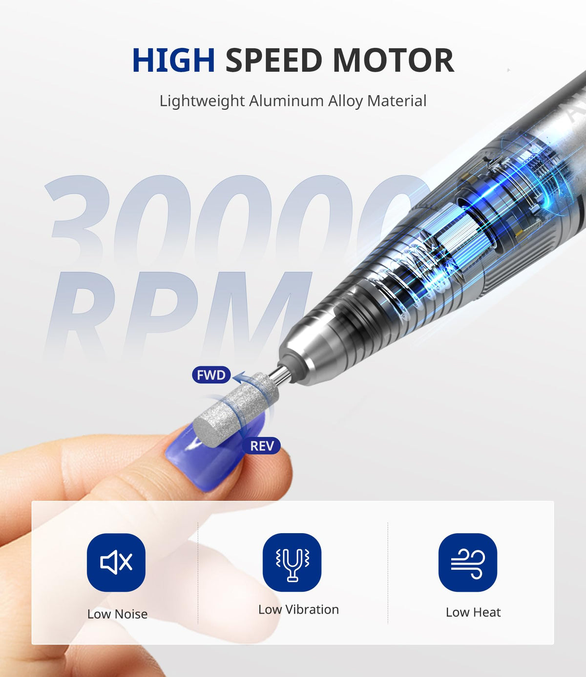 Airsee nail drill LCD display shows RPM and battery level.