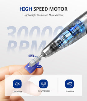 Airsee nail drill LCD display shows RPM and battery level.