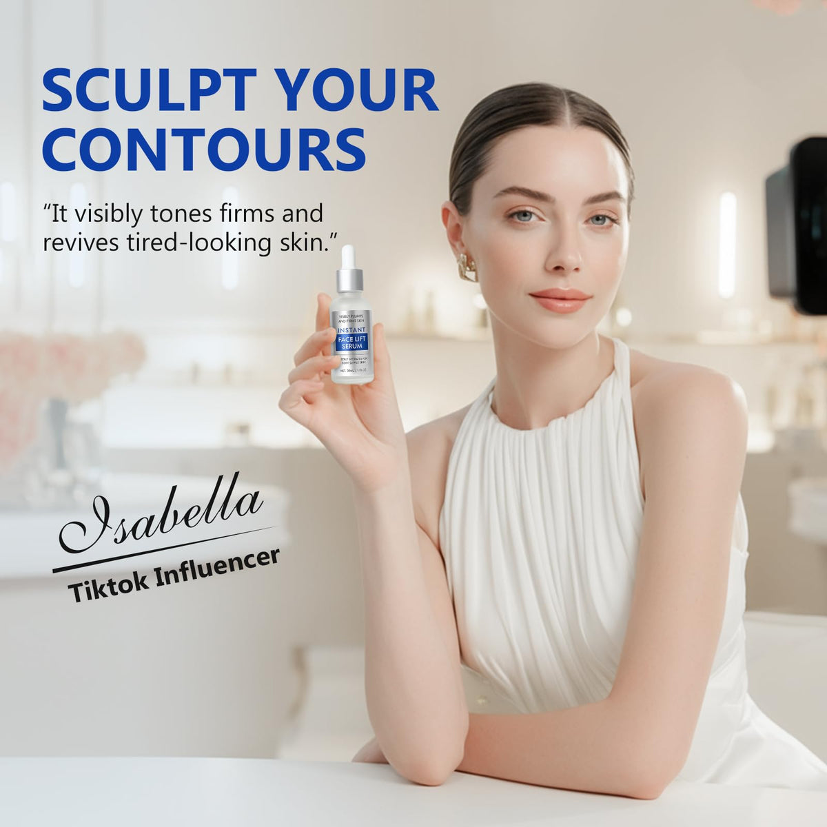 AiRunTech Instant Face Lift Serum on a skincare setup beside everyday products