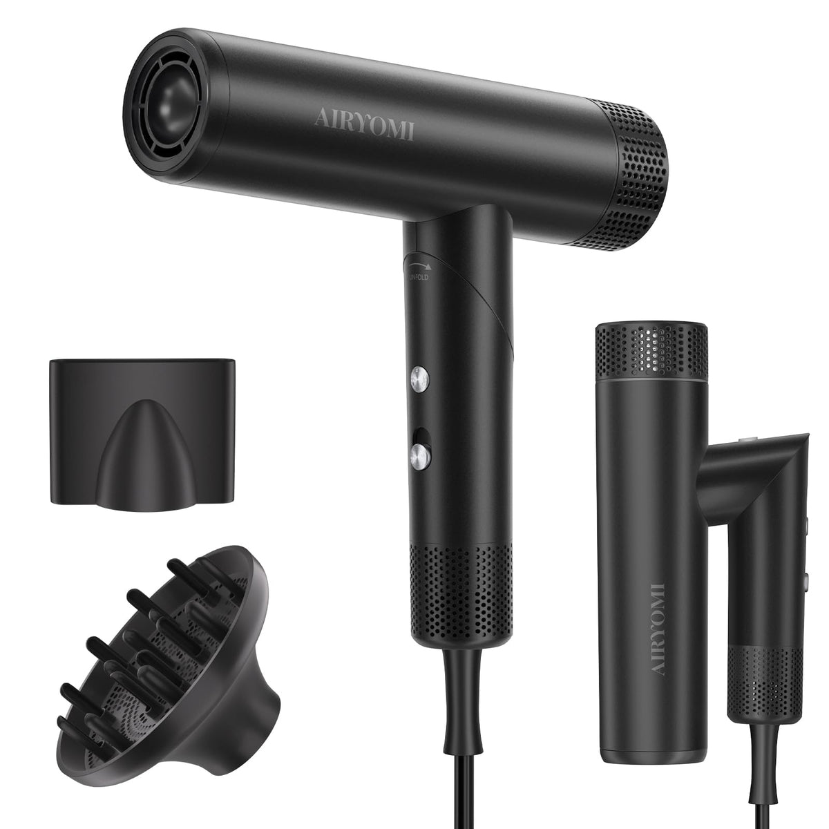 Airyomi hair dryer with brushless motor delivering fast drying.