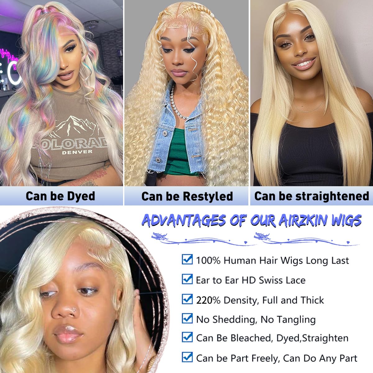 AIRZKIN 613 lace front wig can be dyed or styled for custom looks.