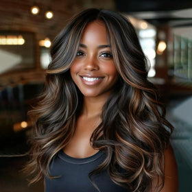 Aisaide black mix highlight brown wig with bangs adds dimension for everyday styling.