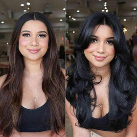 Aisaide curtain bangs wig with 24 inch length for face framing.