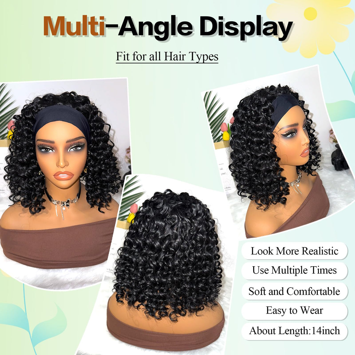 Aisaide headband wig kinky-curly black cap-adjustment feature for secure fit