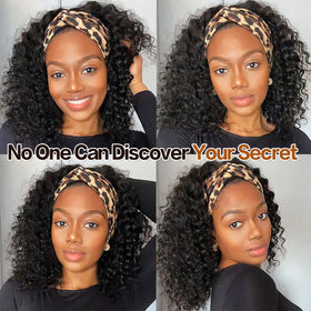 Aisaide headband wig kinky curly black soft elastic headband in use