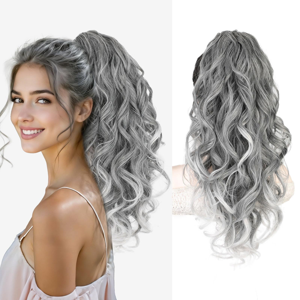 AISI BEAUTY grey ponytail extension front view with layered waves adding natural volume.