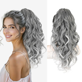 AISI BEAUTY grey ponytail extension front view with layered waves adding natural volume.