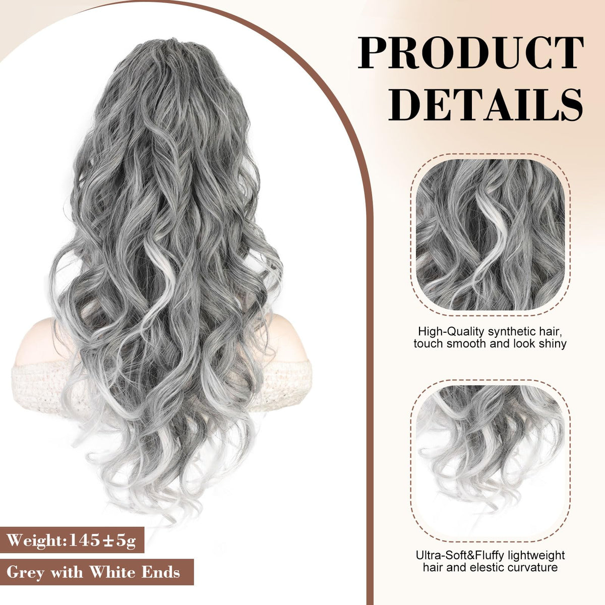 AISI BEAUTY grey ponytail extension side view showing seamless integration with natural hair.