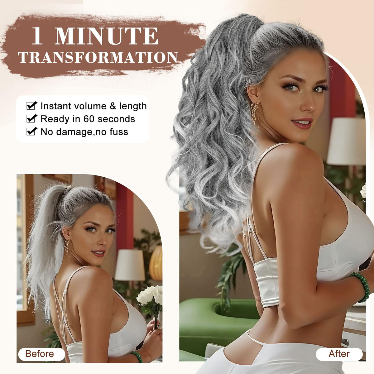 AISI BEAUTY grey ponytail extension wavy texture adds fullness and movement.