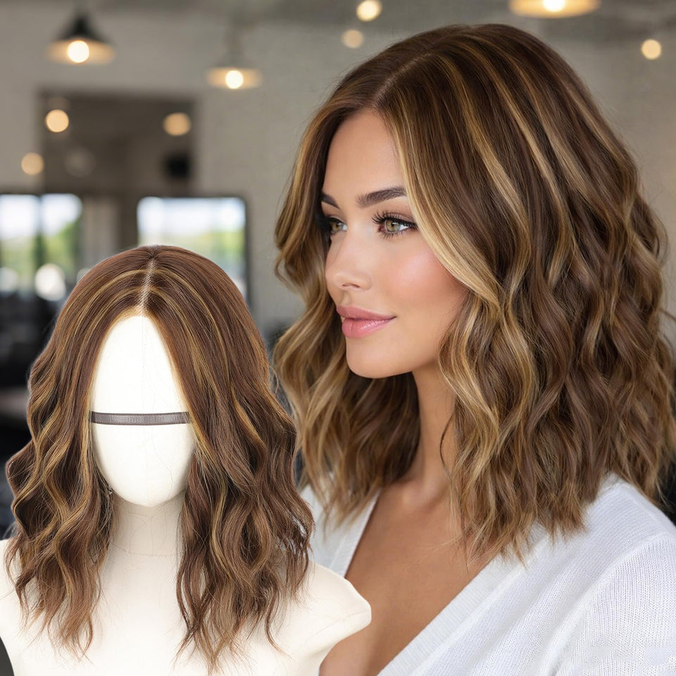 AISI HAIR 14-inch chestnut brown wig with golden highlights for everyday versatility.