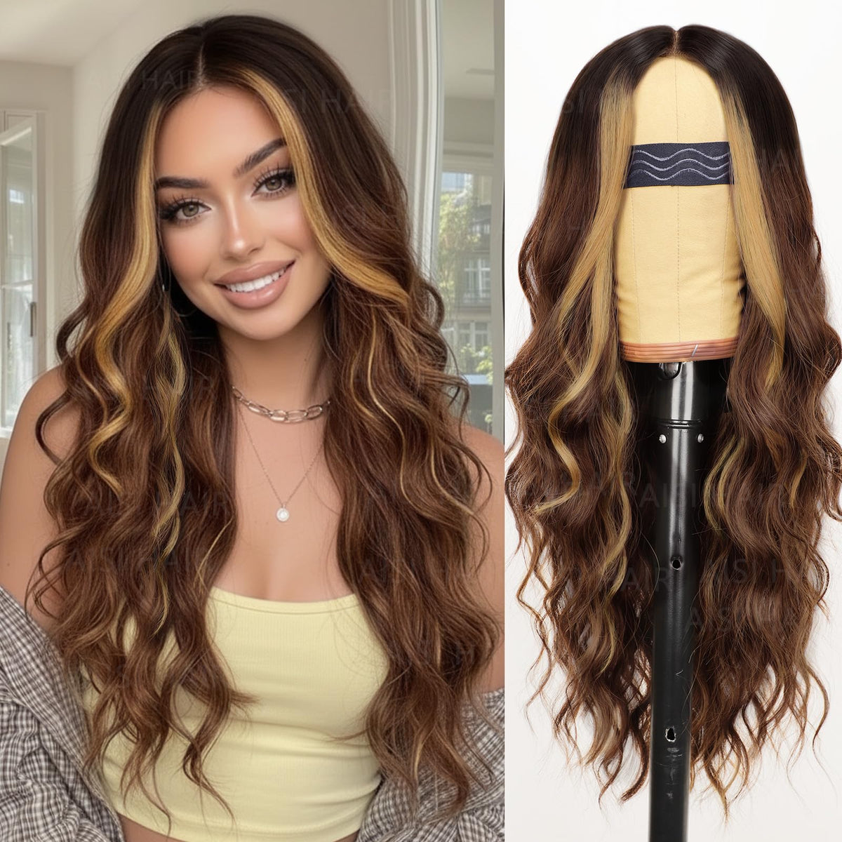 AISI HAIR brown highlight wig with lace front offers a natural daily look.