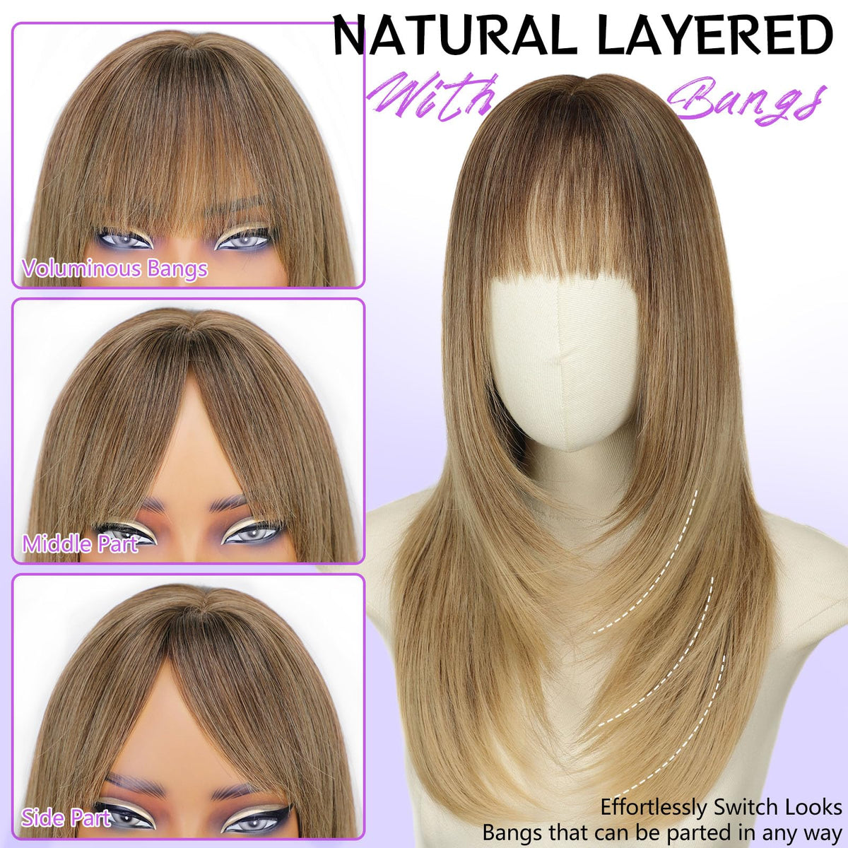 AISI HAIR Medium-length straight wig, durable fibers resist tangling and keep shine.