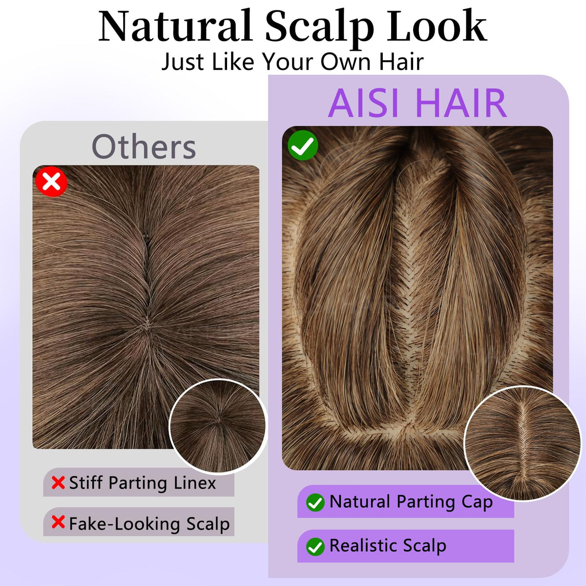 AISI HAIR 4x4-inch simulated scalp wig, natural parting and realistic roots.