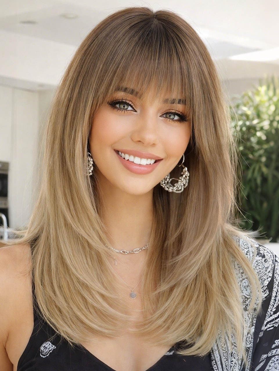 AISI HAIR Ombre Blonde Wig with Bangs, front view, natural fringe for flattering face framing.