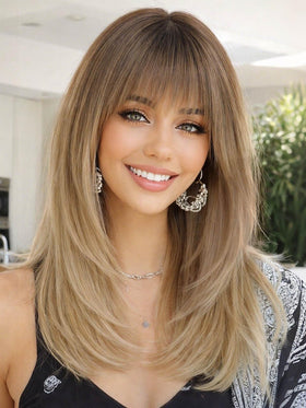 AISI HAIR Ombre Blonde Wig with Bangs, front view, natural fringe for flattering face framing.